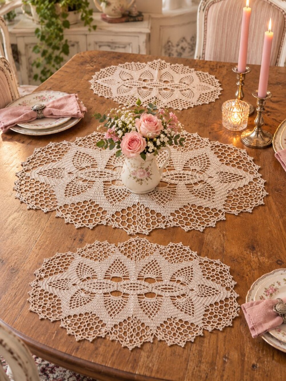 Vintage Hand Crocheted Doily Set of 3 100% Cotton Large Centerpiece & 2 Smaller